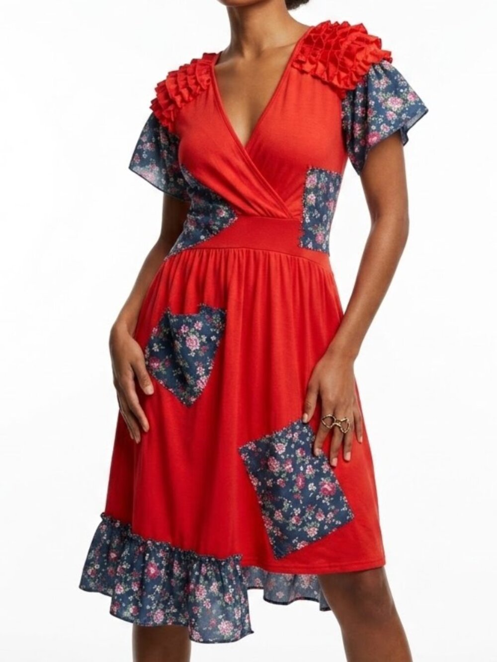NIC&DOM Whimsygoth Cottagecore Patchwork Floral Asymmetric Ruffle Dress S